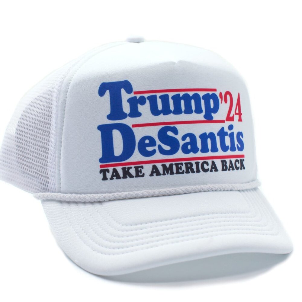 Trump DeSantis 2024 Hat Take America Back Cap Adult Truckers Snapback White